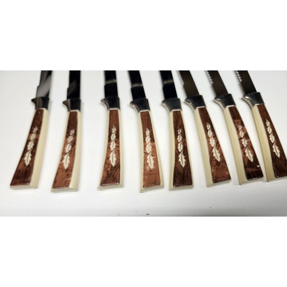 8- Regent Sheffield Bakelite Handle Steak Knives Vintage Set Leaf Cream Brown - Picture 3 of 6